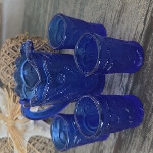 Vintage Pressed Cobalt Blue Mini Peacock Glass Pitcher and Set